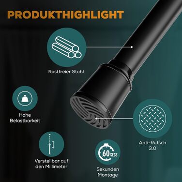 Штанга для штор без свердління 370-420 см, чорна, Ø 32 мм - натяжна штанга для штор, душової кабіни, дверей та шафи