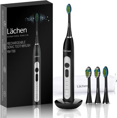 Електрична зубна щітка Lächen Sonic з 4 насадками, таймером, 3 режимами та 3 рівнями вібрації, у валізі (чорний)