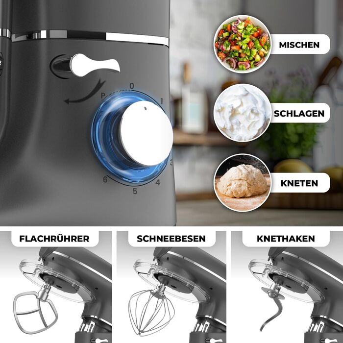 Кухонна машина з тістомісом та спагетницею – 2000W, з нержавіючою сталею, 6.2L, сірий колір