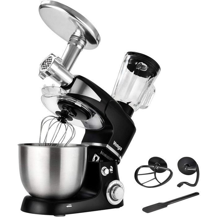Кухонна машина Venga VG M 3014 з чашею 5 л з нержавіючої сталі, 1000 Вт, 4 насадки, рецепти, чорний колір