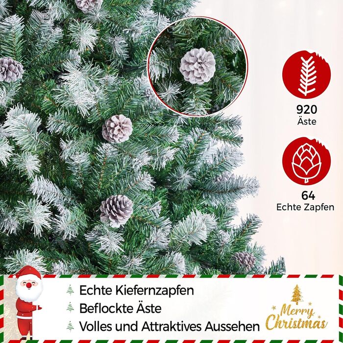Штучна ялинка Yaheetech 183 см зі снігом та 64 шишками, 920 гілок, вогнестійка, з металевим підставкою та системою швидкого складання