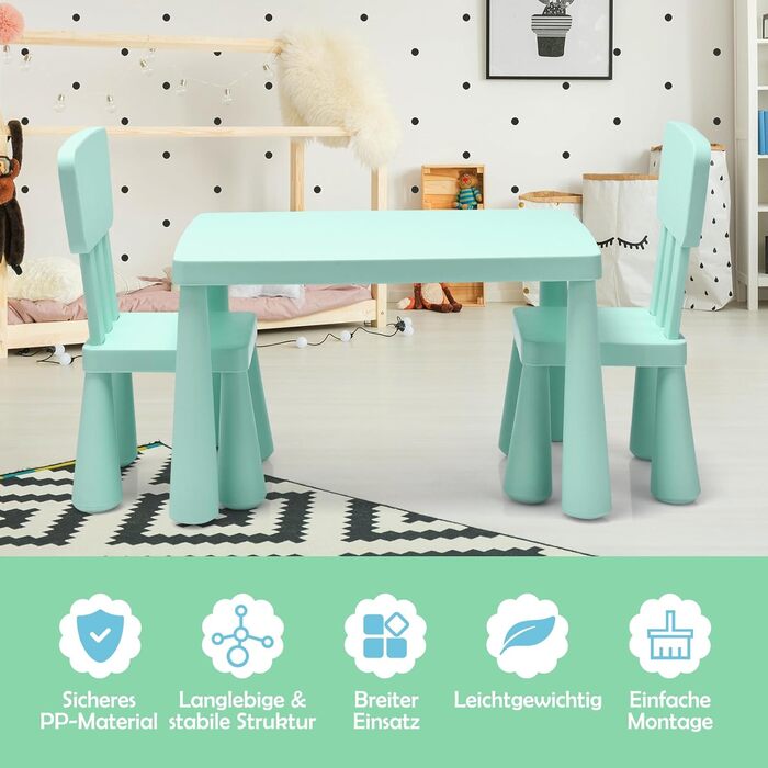 Дитячий столик та 2 стільчики DREAMADE, зелений комплект для навчання, їжі та ігор. Дитячі меблі з пластику для дівчаток та хлопчиків, 3 предмети, заокруглені кути
