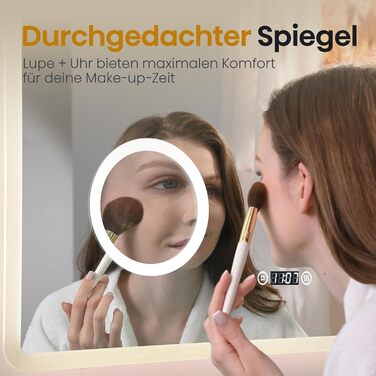 EMKE® LED дзеркало для ванної кімнати 80x60 см з підсвічуванням, сенсорне, регулювання яскравості, протитуманне, 3 кольори світла, годинник, IP44