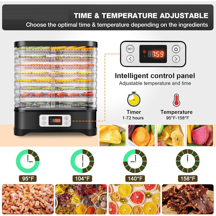 Дегідратор Nictemaw з нержавіючої сталі, 8 відділень, регулятор температури, 400 Вт, 35-70C, таймер на 72 години, чорний