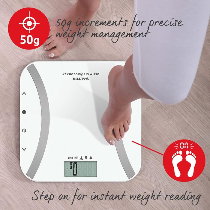 Аналіз жиру в організмі для ванни Цифрові ваги для ванної кімнати, м'язова/кісткова маса, вода в організмі, жир і ІМТ, 12 пам'яті користувача, вимірювання з кроком 50 г, спортивний/дитячий режим, макс.180 кг білий, 9173 WH3R