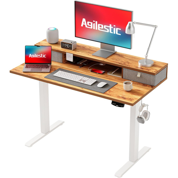 Регульований стіл Agilestic з 2 ящиками, електричний, ергономічний, для комп'ютера, білий (світло-коричневий), 100 x 60 см