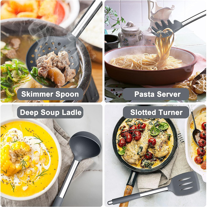 Набір кухонного приладдя Herogo, 12 шт. Силіконові кухонні інструменти з нержавіючою сталею, стійкі до високих температур, лопатки, ложки, шпателі з підставкою, легко миються (Сірий)