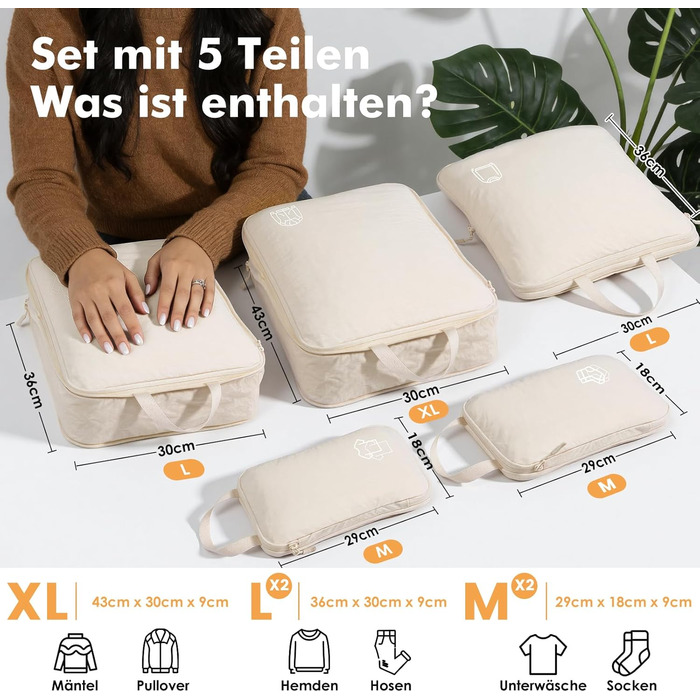 Набір органайзерів для одягу в подорож Compression Packing Cubes, компресійні сумки для валізи та рюкзака, нейлонові органайзери для речей, бежевий, 5 шт.