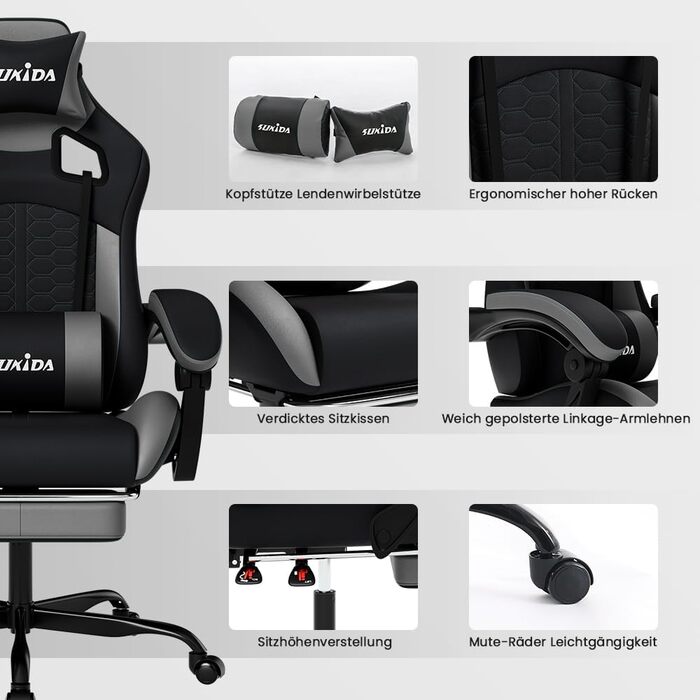 Ігровий крісло SUKIDA з підніжкою, ергономічний, для геймінгу та офісу, сірий