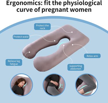 Подушка для вагітних BANNIO з 100 бавовни, подушка для годування грудьми U-подібної форми XXL, подушка для зберігання, подушка для вагітних зі знімним і миється чохлом для тіла, 145x70 см (світло-сірого кольору)