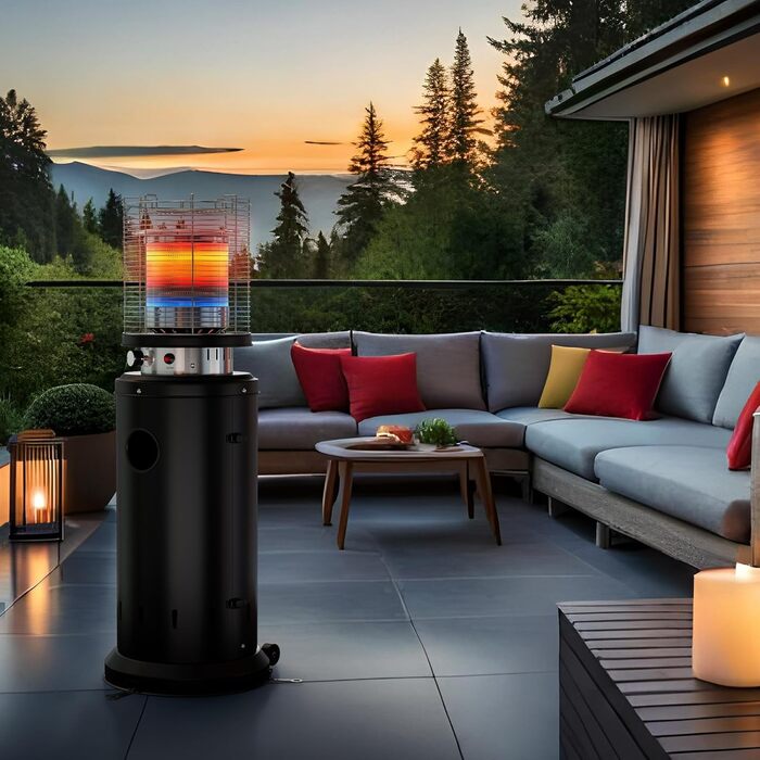 Газовий обігрівач для тераси TLSUNNY з захисною кришкою, на колесах, з піроелектричним запалом, чорний (Газовий балон не входить у комплект)