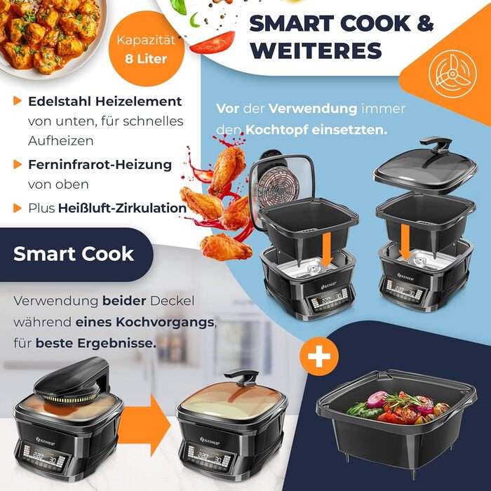 Мультиварка KESSER® 8л з фритюрницею, 16 програм, чорна. Гриль, випічка, тушкування, приготування на пару, функція підігріву та повільного приготування, приготування рису та йогурту.