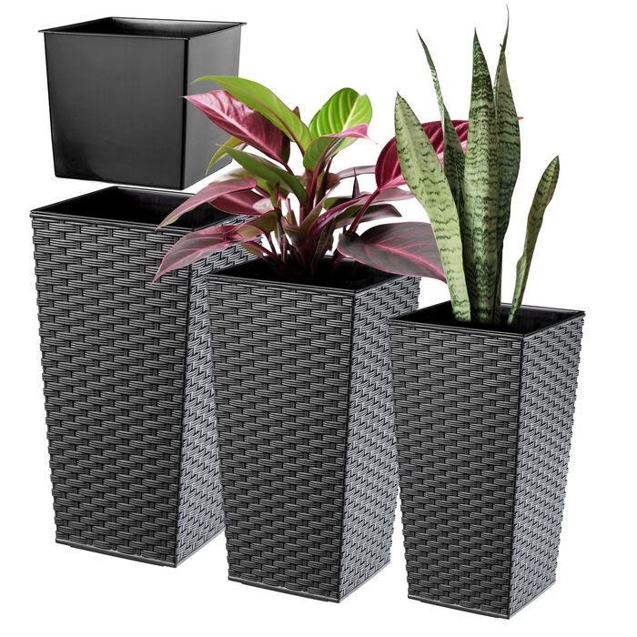 Набір горщиків для квітів KADAX 3 шт. (36/46,5/57,5 см) – пластикові, вологостійкі, для дому та саду, графіт, ротанг