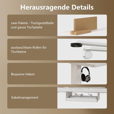 Регульований стіл, 160x80 см, електричний стоячий стіл з подвійним мотором, сенсорна панель, USB-A, кабель-менеджмент, стільниця 25 мм, ергономічний офісний стіл, білий