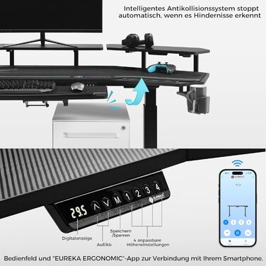 Ергономічний стіл EUREKA з регулюванням висоти 182x76 см. Стіл-пюпітр, геймінговий стіл з підсвічуванням, електричний, з підсвічуванням для монітора та підставкою для клавіатури, карбон, чорний
