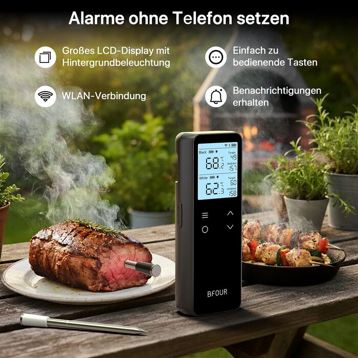 Бездротовий термометр для м'яса з Bluetooth та Wi-Fi, 2 зонди, 6 сенсорів, водонепроникний, точність ±0,1°C, для гриля, духовки, жарки – BF-80