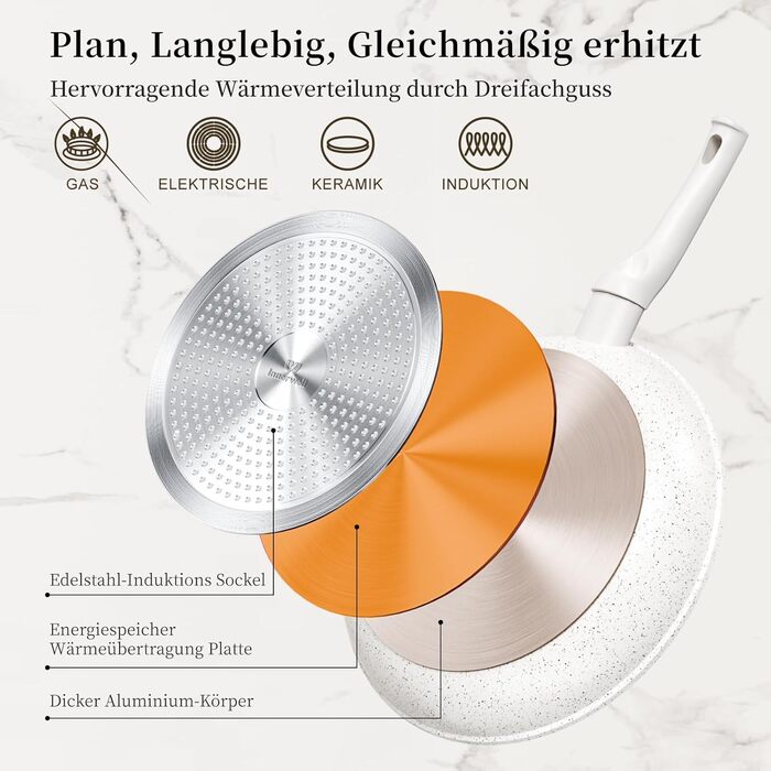 Набір сковорідок Innerwell 3 шт. (20, 24, 28 см) з керамічним покриттям, індукційні, для професійного використання, сумісні з духовкою, без PFOA, придатні для миття в посудомийній машині (білі)