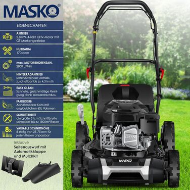 Бензиновий газонокосарка MASKO® 5in1 | Ширина косіння 51 см | 8 положень висоти косіння | 4-тактний OHV двигун 6.0 PS | 65 л травозбірник | Включно з набором для мульчування, бічний викид | Чорний/Сірий