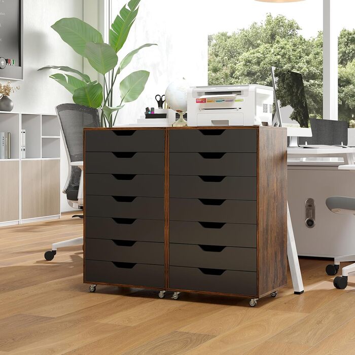 Роликовий контейнер KOMFOTTEU з шухлядами, мобільний офісний шафчик, шафка для документів на колесах, білий офісний візок, шафка для паперів та документів (Коричневий)