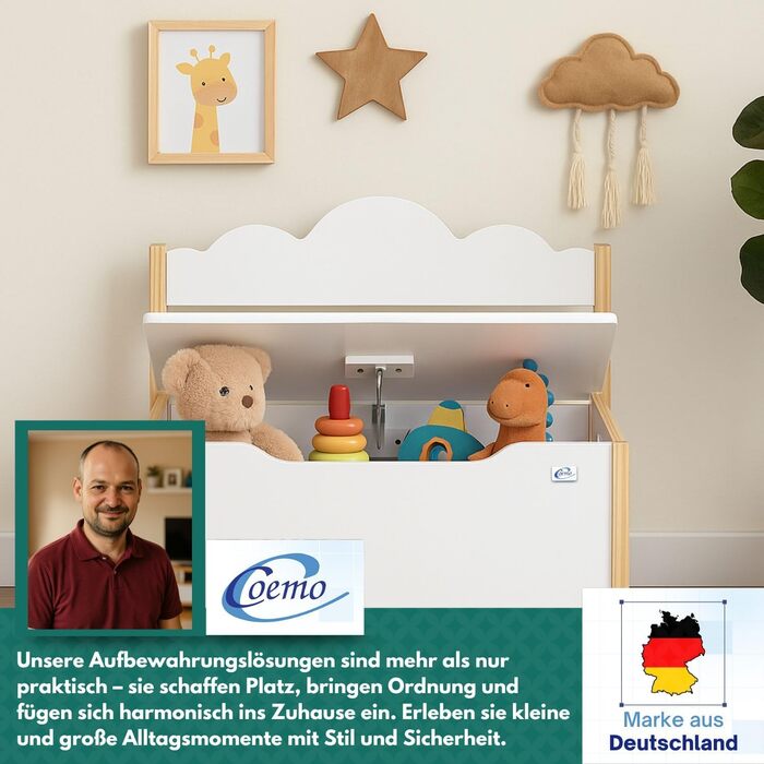 Дерев'яна іграшкова скриня Coemo з банківкою, білий колір, Trudi, 60x26x55 см – банківка для дитячої кімнати з місцем для зберігання, іграшкова скриня з безпечним шарніром, дитяча висота сидіння, декоративний дизайн хмаринок