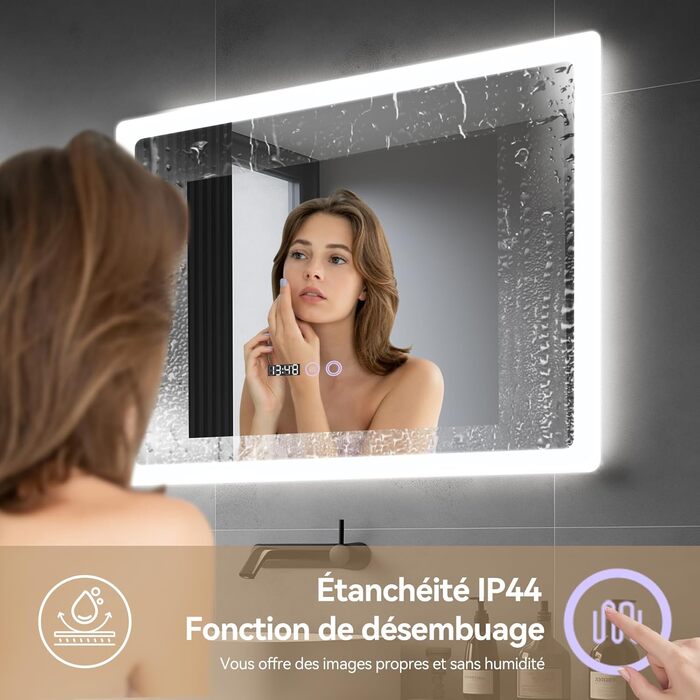 Дзеркало для ванної кімнати YU YUSING з підсвічуванням 80x60 см, LED, 3 кольори світла, регулювання яскравості, антизапар, сенсорне управління, таймер, загартоване скло, IP44 (прозоре)