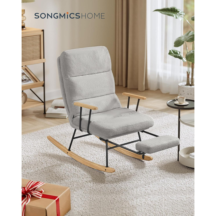 Крісло-гойдалка SONGMICS HOME з дерева каучука, з флісовою оббивкою, регульована спинка, до 160 кг, сірий (LYY016LJ01)