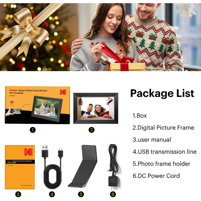 Цифровий фоторамка Kodak 10.1 дюймів з Wi-Fi, HD IPS-сенсорний екран, 32 ГБ пам'яті, автоматичне обертання зображень, можливість ділитися фото та відео через додаток, чорний