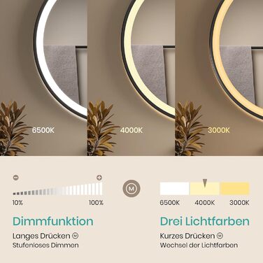 Дзеркало для ванної кімнати EMKE з підсвічуванням, 50 см, кругле, чорний каркас. Дзеркало з регульованою яскравістю, 3 кольори світла, проти запотівання, сенсорне управління та функція пам'яті. Ідеально для ванної кімнати.