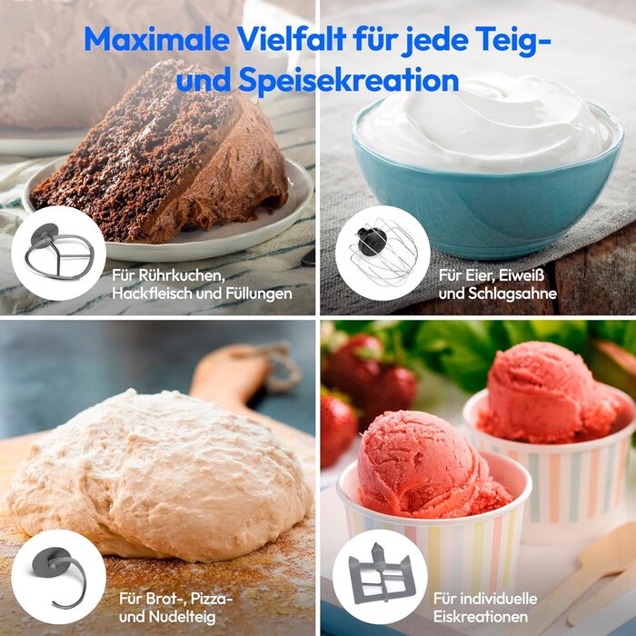 Кухонна машина MEDION MD18430: 3 в 1 (міксер, м'ясорубка, тістоміс), 5 л чаша з нержавіючої сталі, 1200 Вт, подрібнювач, нарізач, цифрова панель керування, з чашею для льоду та м'ясорубкою, з титановим ножем