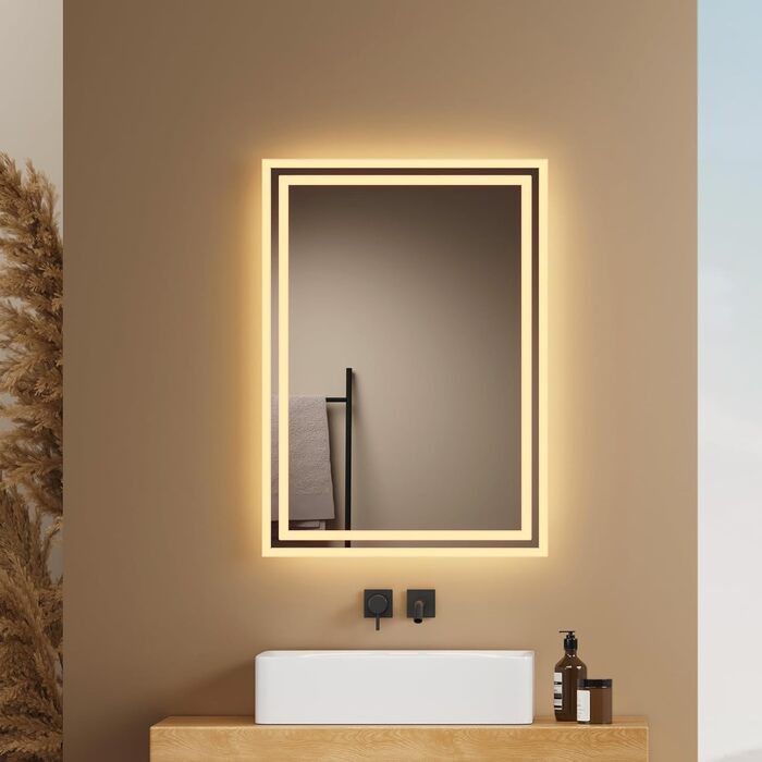 Дзеркало для ванної кімнати EMKE з підсвічуванням 120x60 см, тепле біле світло 3000K, вимикач, матовий бортик 2.70 x 50 см