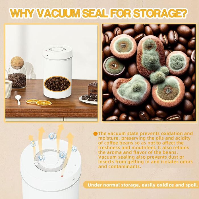 Контейнер для кави з нержавіючої сталі, герметичний, 500г, білий. Зручний дисплей для кавових зерен. Зберігає каву свіжою. KF1