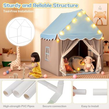 Дитяче намет-ігровий будиночок HOMASIS з килимком, зірками та віконцями, для дівчаток та хлопчиків, блакитний колір