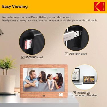 Цифровий фотоальбом Kodak 7 дюймів з IPS екраном, підтримка USB/SD, відтворення фото/музики/відео, календар, будильник, з пультом керування (дерево)