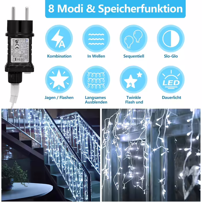 Морозний дощ 600LED 15м, 8 режимів, IP44, холодний білий, Внутрішнє/зовнішнє, Різдво, Вечірка