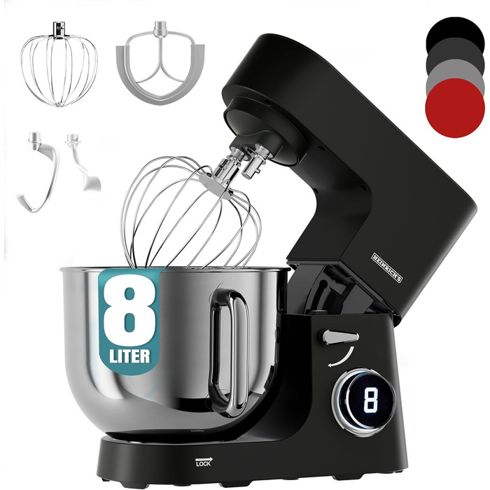Кухонна машина Heinrichs 2500W з подвійним гаком для тіста, міксером та вінчиком, 8 швидкостей, чаша 8л з нержавіючої сталі, чорна
