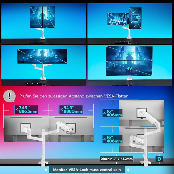 Кріплення для монітора ARES WING для 2 моніторів, 17-49 дюймів, газ-амортизатор, регулювання висоти, поворотний, VESA 75/100 мм, 2-20 кг, білий