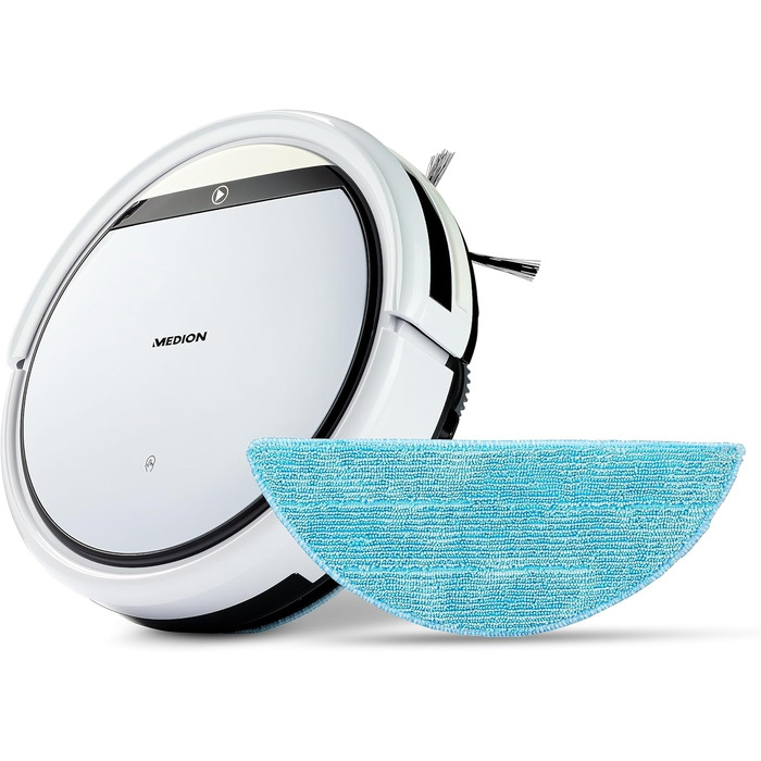 Робот-пилосос MEDION з функцією миття підлоги (90 хв роботи, 2-в-1, для твердих підлог, килимів, плитки, ламінату, оптимізований для шерсті тварин, повернення на зарядну станцію, MD 18501) білий