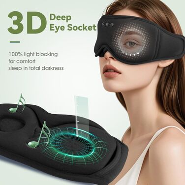 Маска для сну з навушниками Musicozy | 3D маска для сну з Bluetooth 5.4, бамбукова тканина, для подорожей, чорна