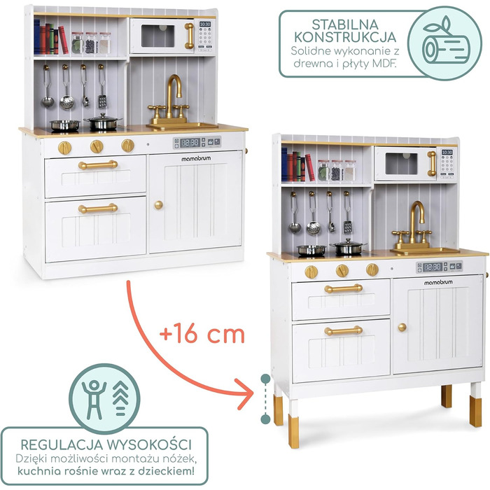 Дерев'яна дитяча кухня Mamabrum з LED-підсвічуванням - іграшковий кухонний набір з висотою, що регулюється, з приготуванням кубиків льоду, мікрохвильовою піччю, плитою та посудомийною машиною - іграшка для дітей від 3 років (Білий)