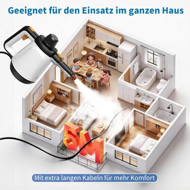 Портативний пароочисник 110°C: ефективне очищення, універсальний пристрій з 10 насадками та 5м кабелем. Ідеально для диванів, килимів, швів та видалення жиру. Колір: білий