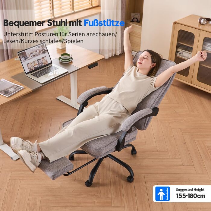 Ергономічне крісло для офісу: офісне крісло, крісло для начальника, комп'ютерне крісло з підніжкою та регульованою спинкою 90-135° для дому/офісу, сіре, тканина, 150 кг