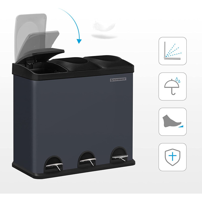 Кухонне відро для сміття SONGMIC об'ємом 54 літри, відро для сміття, 3-х відсічне відро для педалей, внутрішні відра і 6 наклейок для відділення сміття, система відділення сміття, 13 х 5,6 х 2,8 см, LTB54L (сіро-чорний)