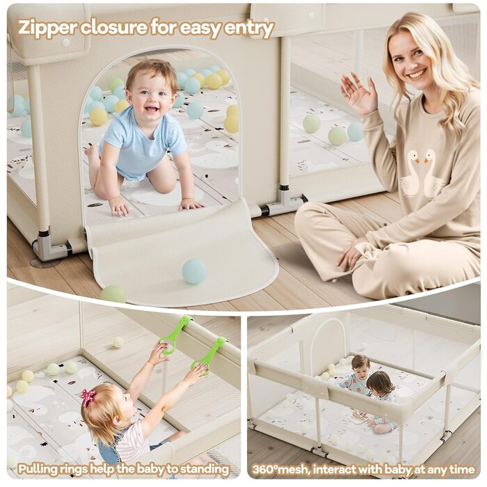 Ляльковий будиночок для малюків з матрацом, бежевий 120x120 см. Безпечний ляльковий будиночок для дитячої кімнати з дихаючим сіткою та фіксаторами.