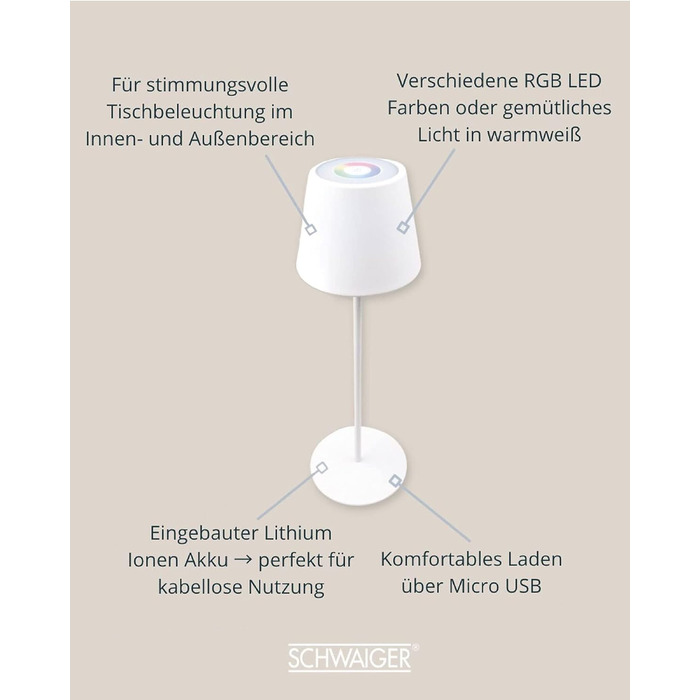 Торшер SCHWAIGER OTL200: LED-лампа, нічник, садовий світильник, RGB, сенсорне керування, акумулятор, диммування, тепле світло, IP44 (білий)