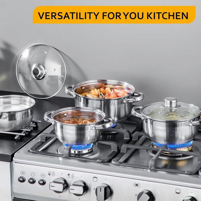 Набір каструль Velaze 7-ка з нержавіючої сталі, з кришками, індукційні, PFOA free, для всіх плит, сріблясті