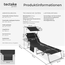Лежак для відпочинку Tectake®: розкладний, портативний, з кишенею, для саду, пляжу, кемпінгу, з регульованою спинкою та подушкою (чорний)
