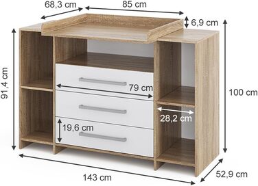 Комод-ліжечко Vicco Oskar з пеленальним столиком, сірий, 143 x 100 см XL з шухлядами білий/сірий (білий/сонома)