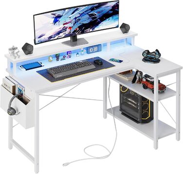Кутовий стіл Grandder з LED-підсвічуванням та розетками, 120 см, ігровий стіл з 2 полицями, стіл для комп'ютера з підставкою для монітора, робоче місце для ПК, Homeoffice, карбоновий чорний (120 x 70 см, білий)