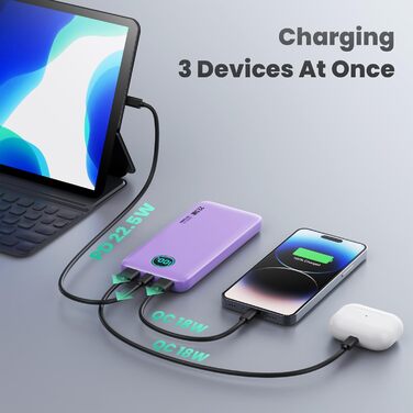 Швидкий зарядний пристрій 22.5 Вт, PD3.0 QC4.0, USB C, LCD дисплей, 3 виходи, фіолетовий, 10800mAh