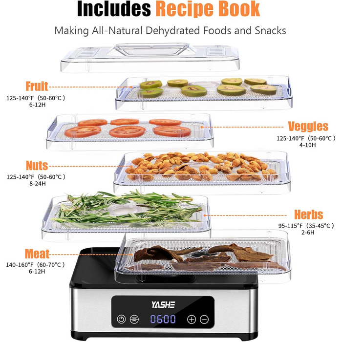 Електричний дегідратор YASHE з нержавіючою сіткою, 5-ярусний, 400W, з таймером для м'яса, фруктів, овочів, трав та собачих ласощів. 5 ярусів з нержавіючої сталі